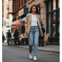 blazer with denim | white sneakers outfit ideas