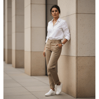 casual workwear trousers shirt | white sneakers outfit ideas