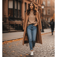 layered fall look sweater coat outfit | white sneakers outfit ideas